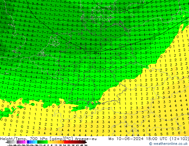 Height/Temp. 700 hPa Arpege-eu Mo 10.06.2024 18 UTC