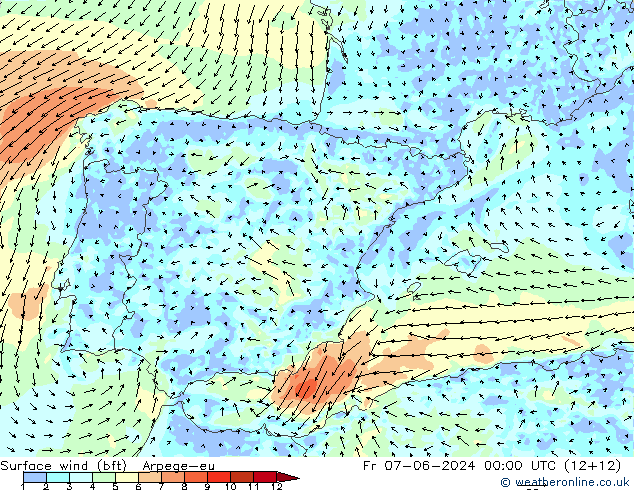 Vento 10 m (bft) Arpege-eu ven 07.06.2024 00 UTC
