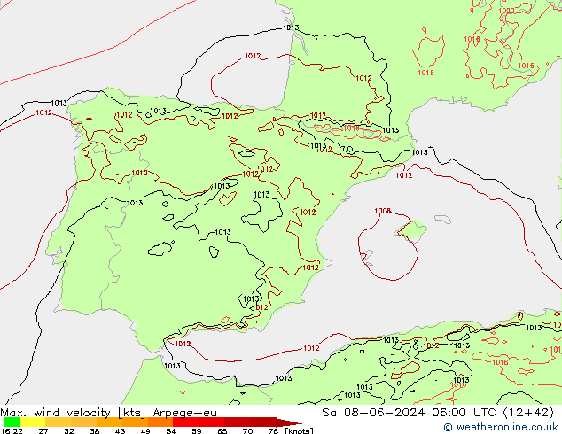 Max. wind velocity Arpege-eu sáb 08.06.2024 06 UTC