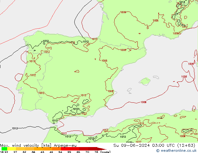 Max. wind velocity Arpege-eu  09.06.2024 03 UTC