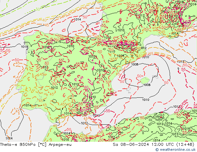 Theta-e 850hPa Arpege-eu za 08.06.2024 12 UTC