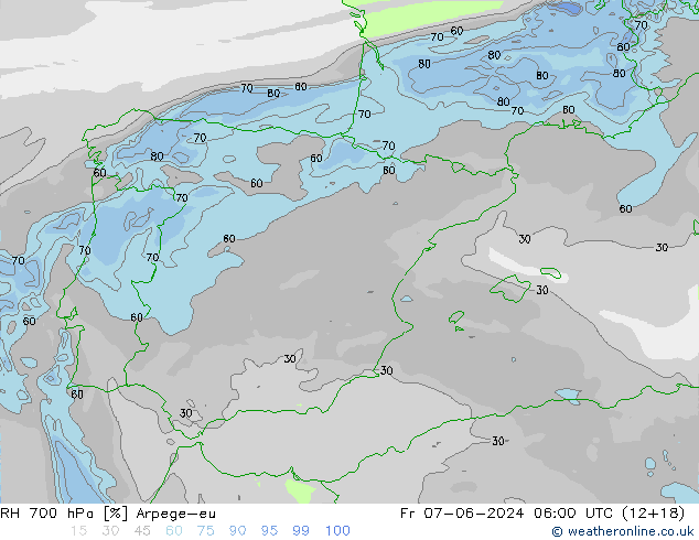 RH 700 hPa Arpege-eu Fr 07.06.2024 06 UTC