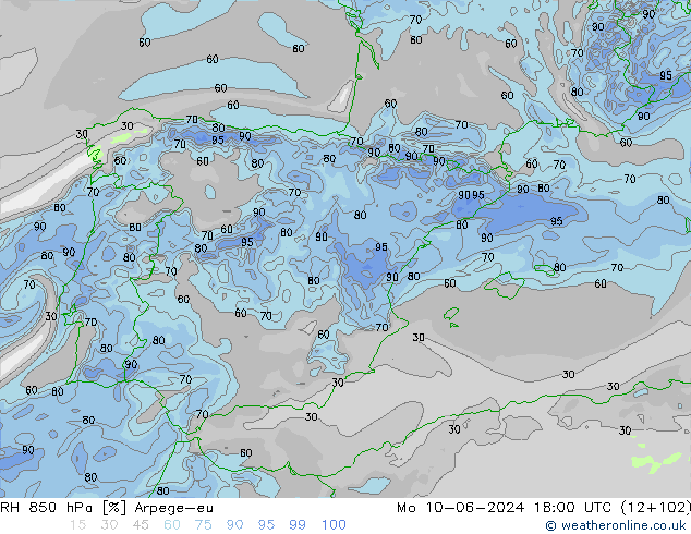 RH 850 hPa Arpege-eu Mo 10.06.2024 18 UTC