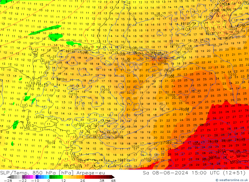 SLP/Temp. 850 hPa Arpege-eu Sa 08.06.2024 15 UTC