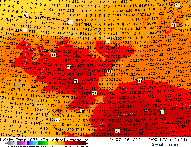 Géop./Temp. 925 hPa Arpege-eu ven 07.06.2024 12 UTC