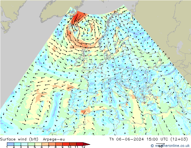 Viento 10 m (bft) Arpege-eu jue 06.06.2024 15 UTC