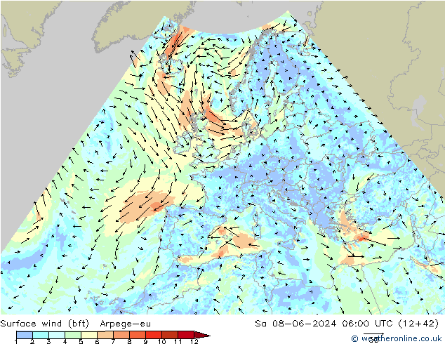 Wind 10 m (bft) Arpege-eu za 08.06.2024 06 UTC