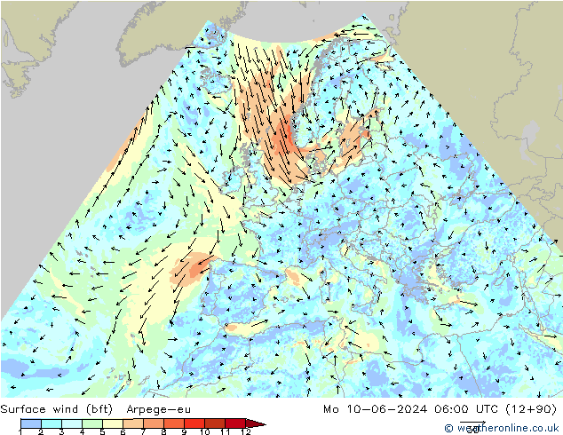 Vent 10 m (bft) Arpege-eu lun 10.06.2024 06 UTC