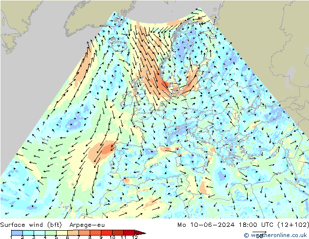 Surface wind (bft) Arpege-eu Mo 10.06.2024 18 UTC