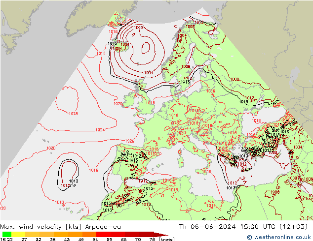 Max. wind velocity Arpege-eu Th 06.06.2024 15 UTC