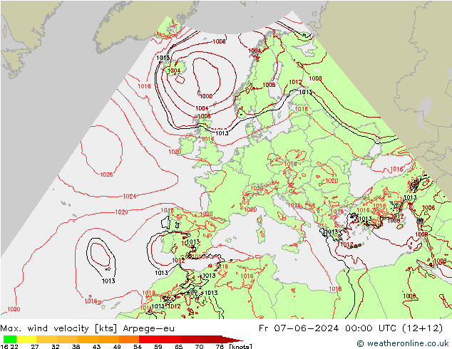 Max. wind velocity Arpege-eu Fr 07.06.2024 00 UTC