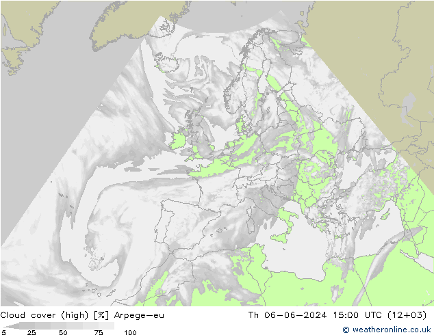 Cloud cover (high) Arpege-eu Th 06.06.2024 15 UTC