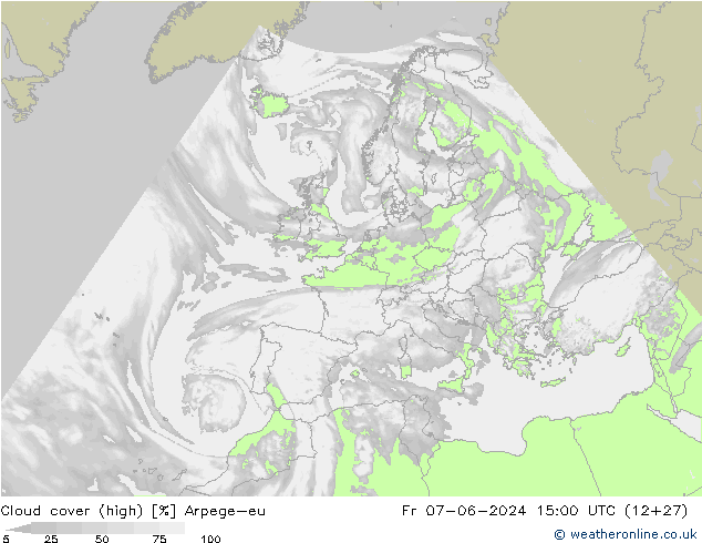 Cloud cover (high) Arpege-eu Fr 07.06.2024 15 UTC