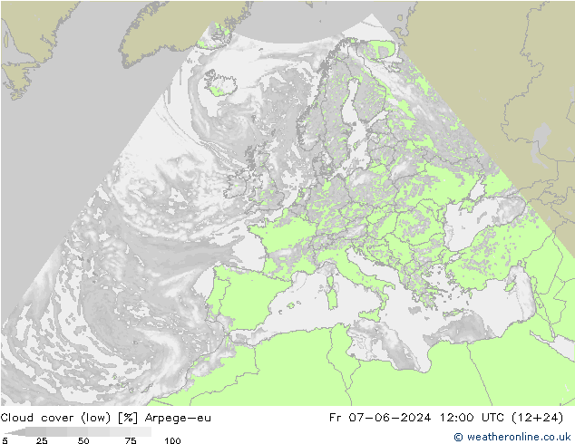 Cloud cover (low) Arpege-eu Fr 07.06.2024 12 UTC