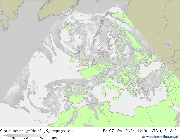 Cloud cover (middle) Arpege-eu Fr 07.06.2024 12 UTC