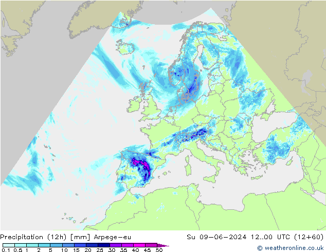 Precipitazione (12h) Arpege-eu dom 09.06.2024 00 UTC