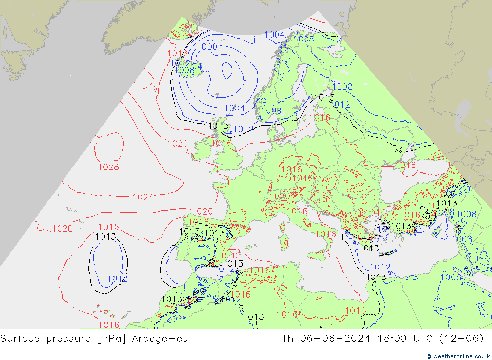 приземное давление Arpege-eu чт 06.06.2024 18 UTC