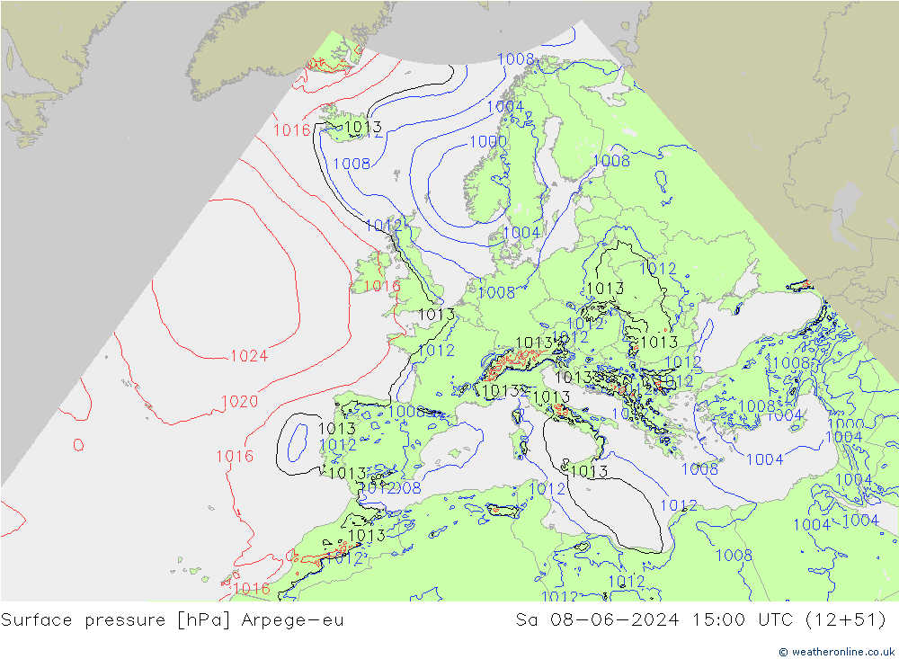 Surface pressure Arpege-eu Sa 08.06.2024 15 UTC