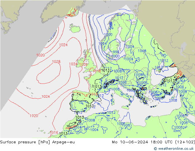 Surface pressure Arpege-eu Mo 10.06.2024 18 UTC