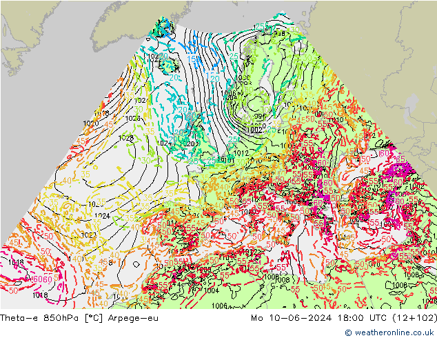 Theta-e 850гПа Arpege-eu пн 10.06.2024 18 UTC