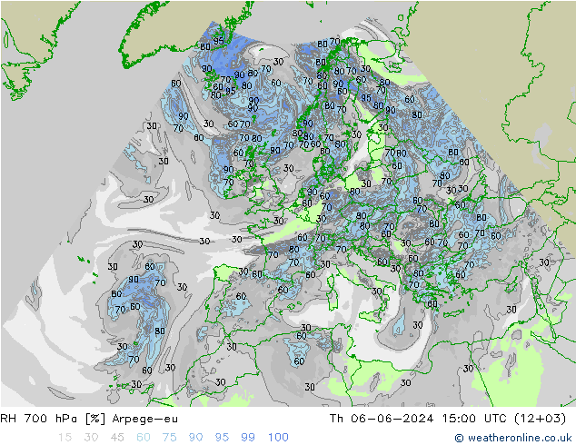 RH 700 hPa Arpege-eu Qui 06.06.2024 15 UTC