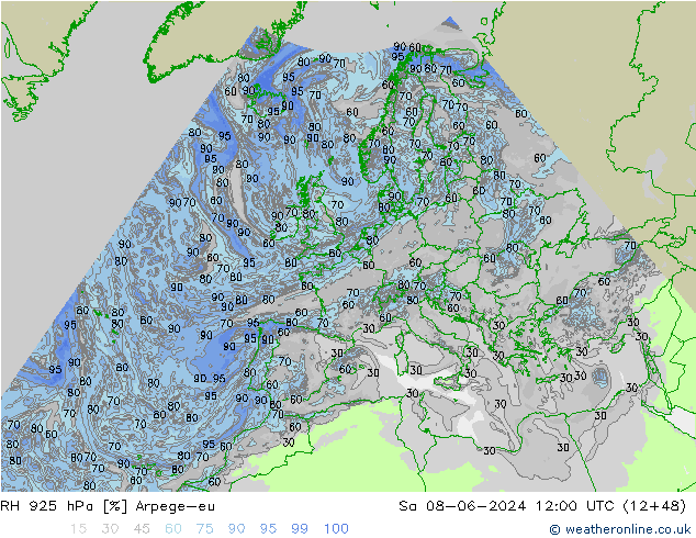 RH 925 гПа Arpege-eu сб 08.06.2024 12 UTC