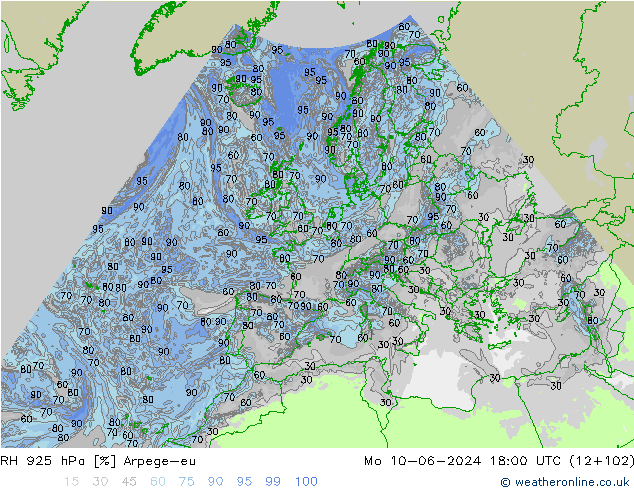 RH 925 hPa Arpege-eu lun 10.06.2024 18 UTC