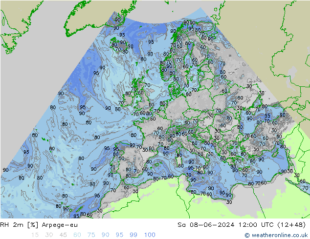 Humidité rel. 2m Arpege-eu sam 08.06.2024 12 UTC