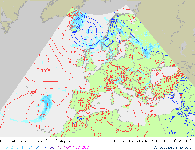 Precipitation accum. Arpege-eu Th 06.06.2024 15 UTC