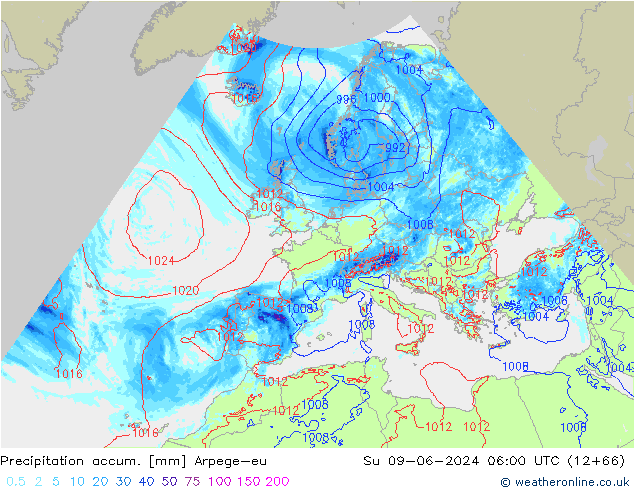Totale neerslag Arpege-eu zo 09.06.2024 06 UTC