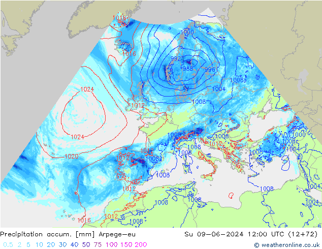 Precipitation accum. Arpege-eu Su 09.06.2024 12 UTC