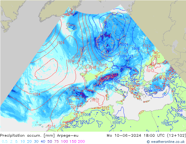 Precipitation accum. Arpege-eu Po 10.06.2024 18 UTC