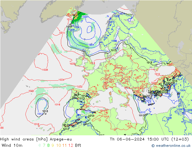 High wind areas Arpege-eu Th 06.06.2024 15 UTC