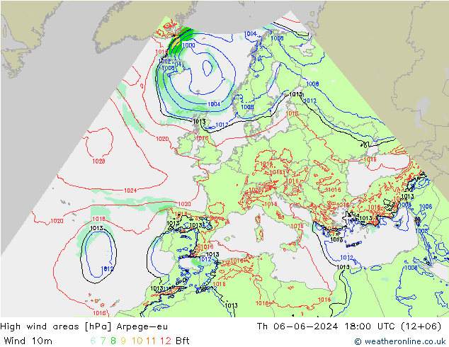 High wind areas Arpege-eu Th 06.06.2024 18 UTC