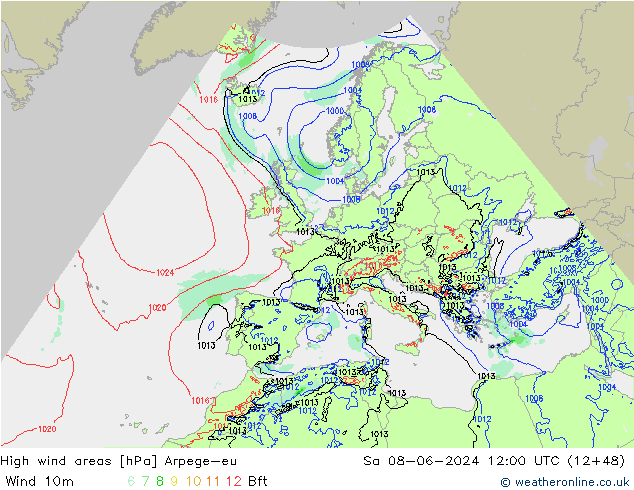 High wind areas Arpege-eu Sa 08.06.2024 12 UTC