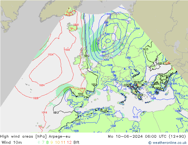 yüksek rüzgarlı alanlar Arpege-eu Pzt 10.06.2024 06 UTC