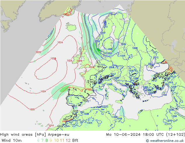 High wind areas Arpege-eu пн 10.06.2024 18 UTC