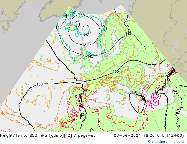 Height/Temp. 850 hPa Arpege-eu Čt 06.06.2024 18 UTC