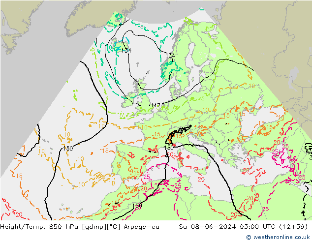 Height/Temp. 850 hPa Arpege-eu so. 08.06.2024 03 UTC