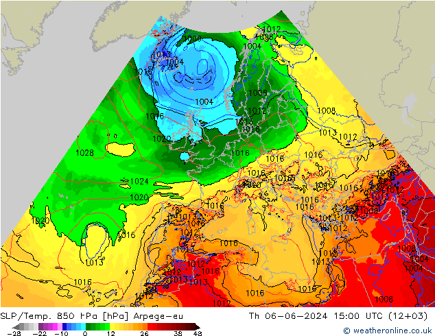 SLP/Temp. 850 hPa Arpege-eu gio 06.06.2024 15 UTC