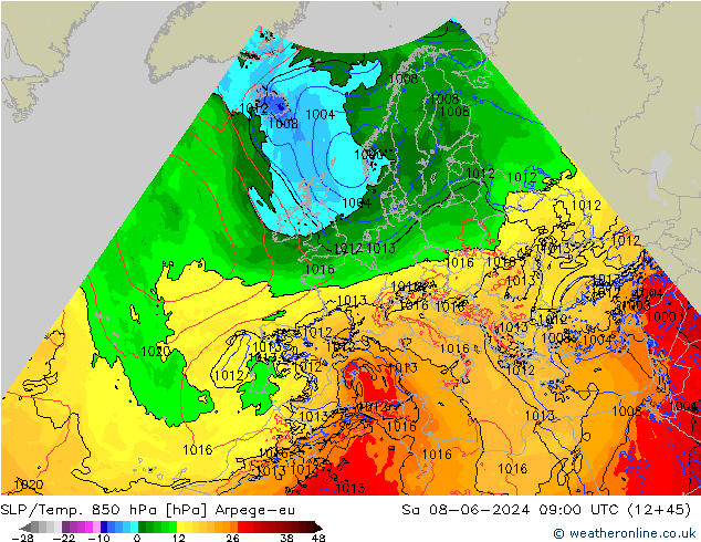 SLP/Temp. 850 hPa Arpege-eu Sa 08.06.2024 09 UTC