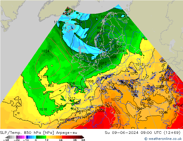 SLP/Temp. 850 hPa Arpege-eu dom 09.06.2024 09 UTC