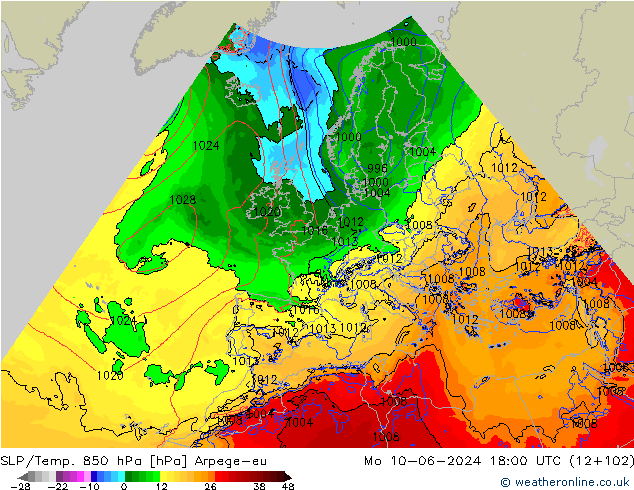 SLP/Temp. 850 hPa Arpege-eu Po 10.06.2024 18 UTC