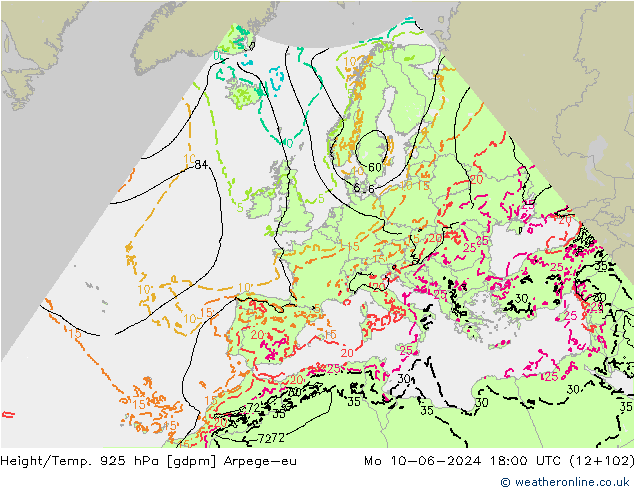 Height/Temp. 925 hPa Arpege-eu Mo 10.06.2024 18 UTC