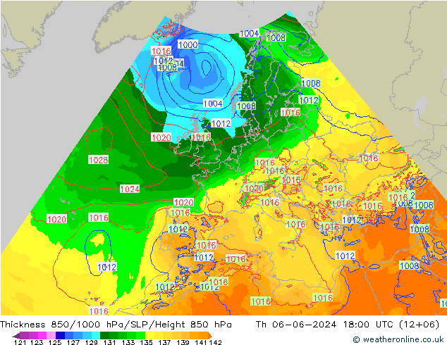 Thck 850-1000 гПа Arpege-eu чт 06.06.2024 18 UTC