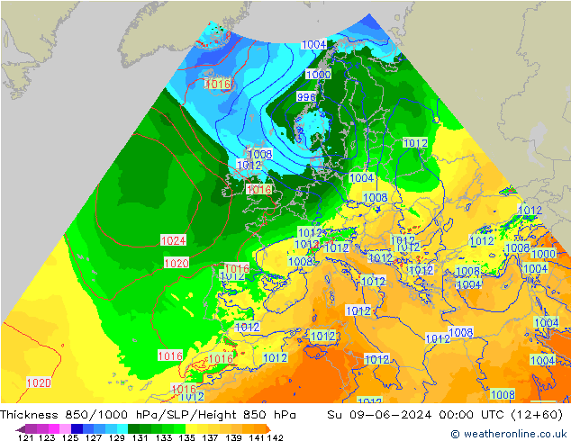 Espesor 850-1000 hPa Arpege-eu dom 09.06.2024 00 UTC