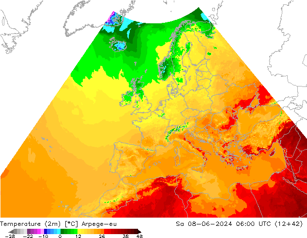 Temperaturkarte (2m) Arpege-eu Sa 08.06.2024 06 UTC