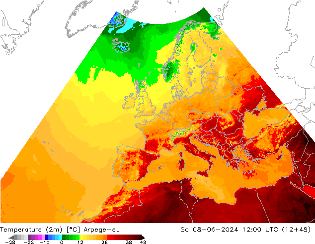 température (2m) Arpege-eu sam 08.06.2024 12 UTC