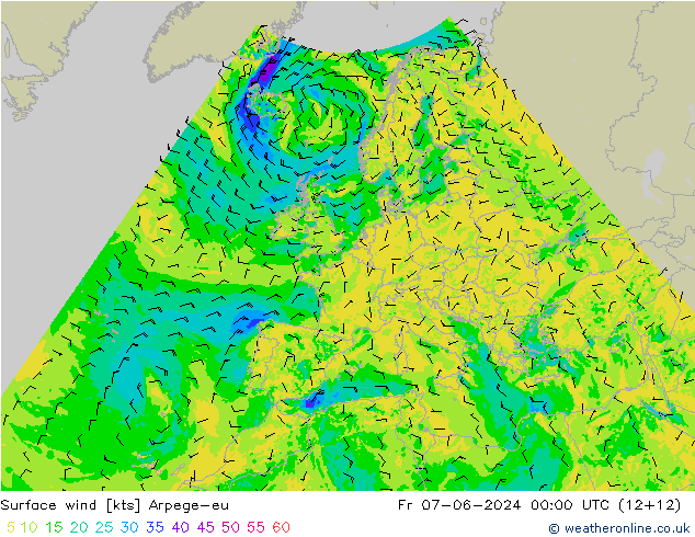 Surface wind Arpege-eu Pá 07.06.2024 00 UTC