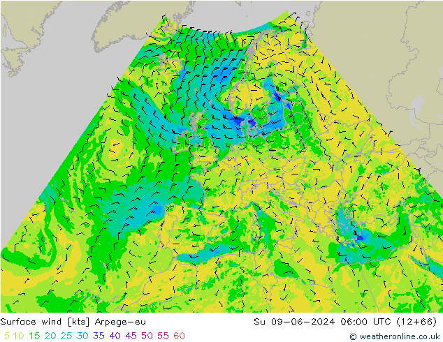 Surface wind Arpege-eu Su 09.06.2024 06 UTC